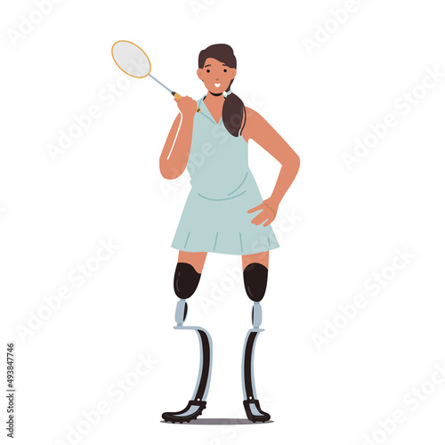 Woman Athlete Tennis Player with Legs Prosthesis, Amputee Girl Holding Racket. Disabled Paralympic Sportswoman