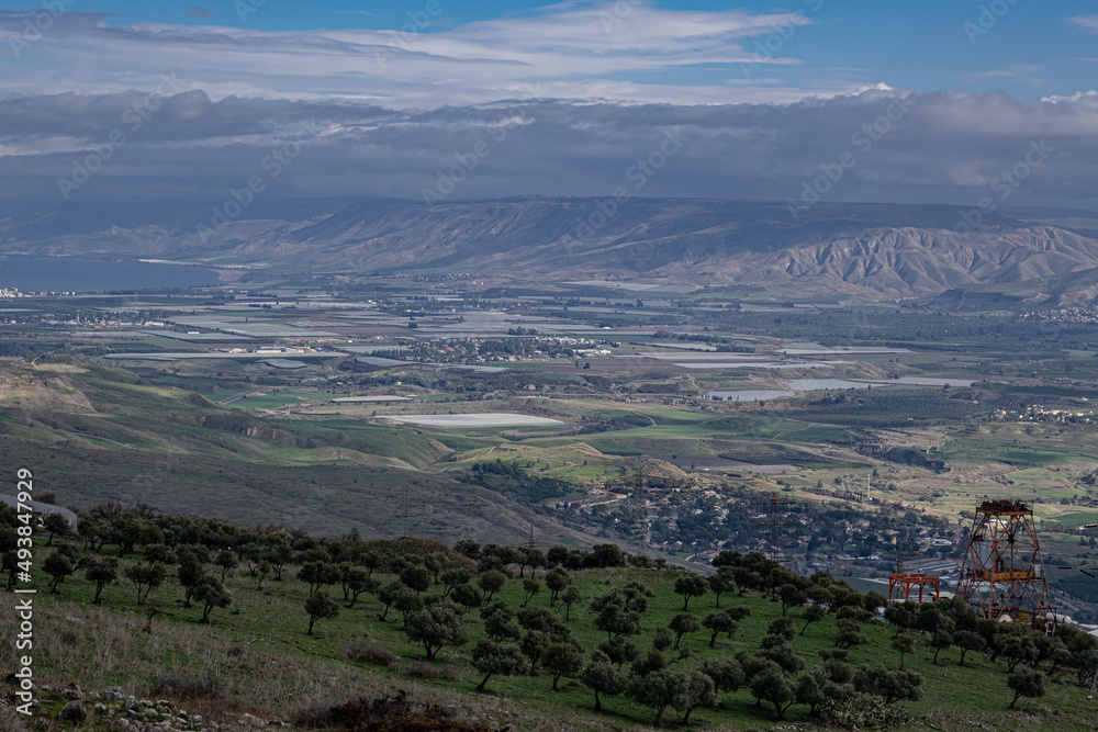 View of the Jordan Valley, Jordanian villages in the East and Israeli villages in the West, as seen from Belvoir National Park, Northern Israel, Israel