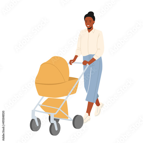 Parenting Concept. Young Mother Pushing Carriage with Newborn Baby Isolated on White Background. Mom Care of Child