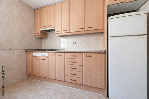 kitchen with wood color furniture and matching drawers with pink granite countertop and white fridge