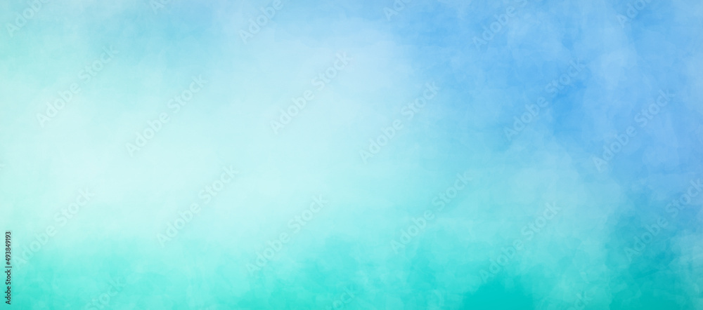 Light pastel blue green turquoise blurred watercolor background design marbled stained paper texture with cloudy pattern and soft cold colors in bright aquamarine teal banner