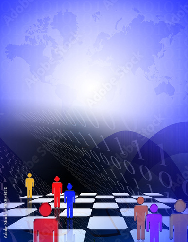 Symbolic human figures on a chess board. Binary code