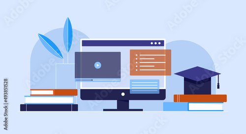 Online education, e-learning, knowledge concept. Distance learning, homeschooling, studying at home. Laptop, books, graduation cap on the desk. Isolated flat vector illustration