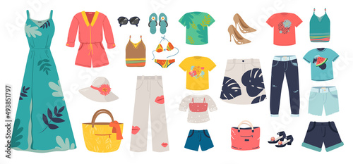 big Woman summer clothing vector icon set. dress, sundress, shorts, skirt, shoes, bag, T-shirt, hat, glasses, pants, blouse, sandals. Clothes collection.