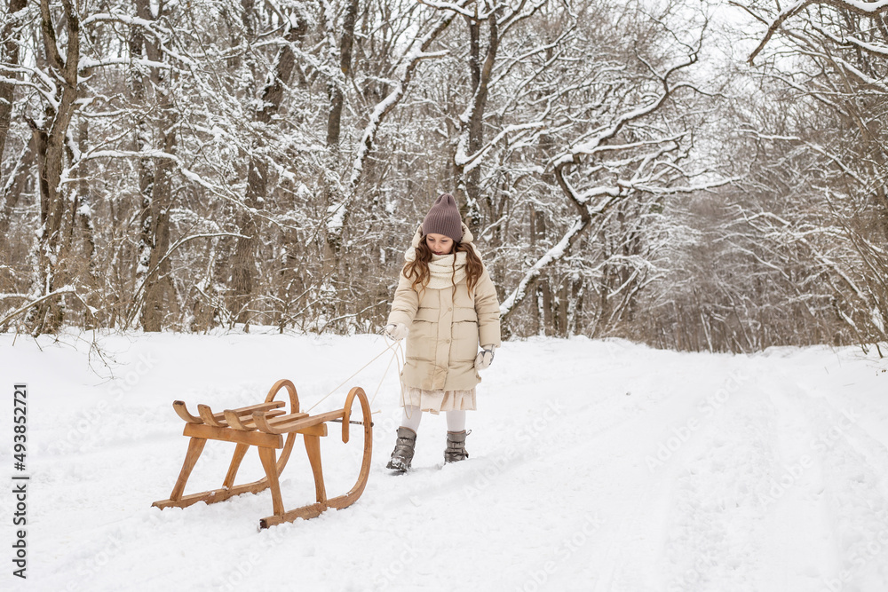 a cute six-year-old girl rolls a wooden sled on a snowy road in the park