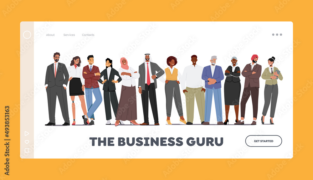 Business Guru Landing Page Template. Diverse Men and Women Wear Formal Clothes Stand in Row. Confident Characters