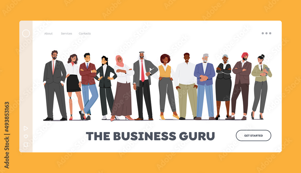 Business Guru Landing Page Template. Diverse Men and Women Wear Formal Clothes Stand in Row. Confident Characters Business Guru Landing Page Template. Diverse Men and Women Wear Formal Clothes Stand in Row. Confident Characters