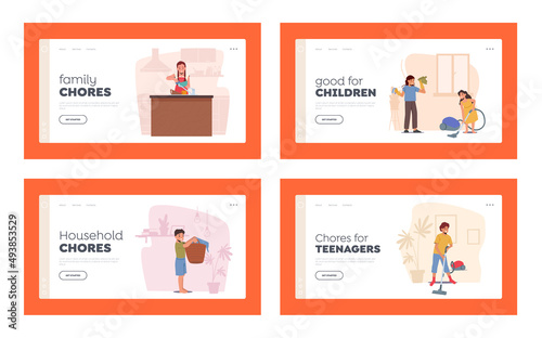 Children Housework Duties Landing Page Template Set. Boy and Girls Characters Washing Dishes on Kitchen, Vacuuming Floor