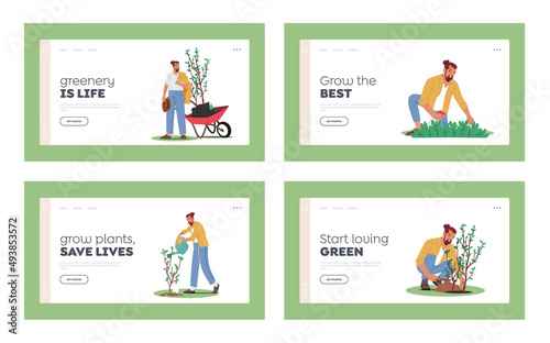 Gardening Works, Reforestation, Nature and Ecology Landing Page Template Set. Environment Day, Characters Growing Trees