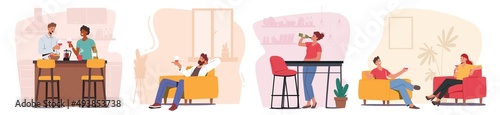 People Drinking Wine, Celebrate Home Party or Dating. Couple Male and Female Characters Holding Wineglasses