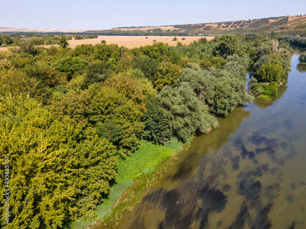 Fototapeta premium Aerial view of Yantra River, passing near the town of Byala, Bulgaria