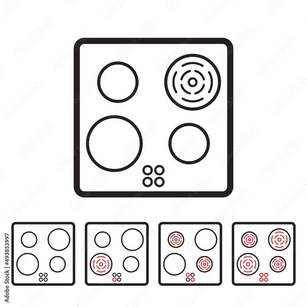 Induction stove cooker, top view, electric hob heater, black line icon isolated on white background, vector illustration. Induction stove cooker, top view, electric hob heater, black line icon isolated on white background, vector illustration.