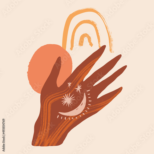 Magic boho moon hand terracotta vector illustration