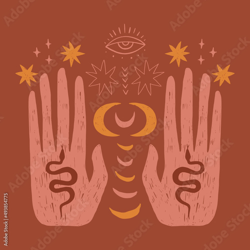 Magic boho moon hand terracotta vector illustration