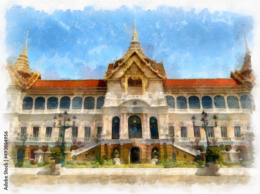 Fototapeta premium Landscape of the Grand Palace ancient Thai architecture in Bangkok Thailand watercolor style illustration impressionist painting.