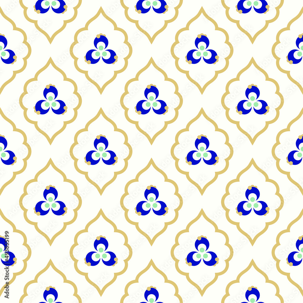 Seamless ornamental traditional vector pattern with golden borders in orientalist Ottoman kaftan style. Use for clothing, fabric prints, home textile, fashion design and wallpapers. Seamless ornamental traditional vector pattern with golden borders in orientalist Ottoman kaftan style. Use for clothing, fabric prints, home textile, fashion design and wallpapers.