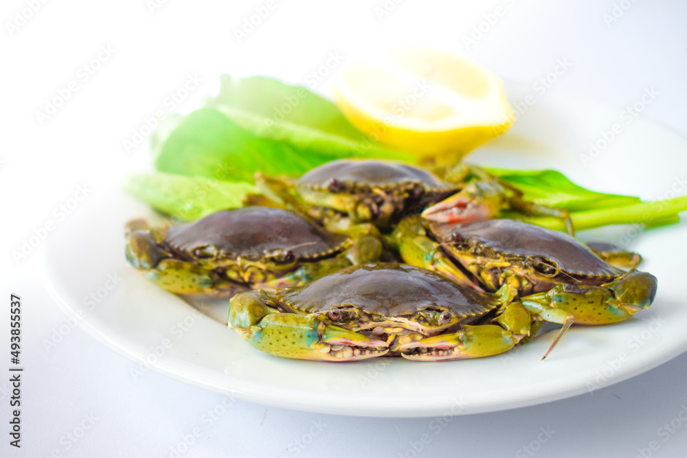 Green crab, oranges and vegetables on a white plate ready to be cooked Green crab, oranges and vegetables on a white plate ready to be cooked