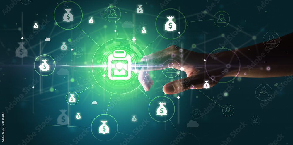 Businessman hand pressing stock graphic information on multitouch screen Businessman hand pressing stock graphic information on multitouch screen