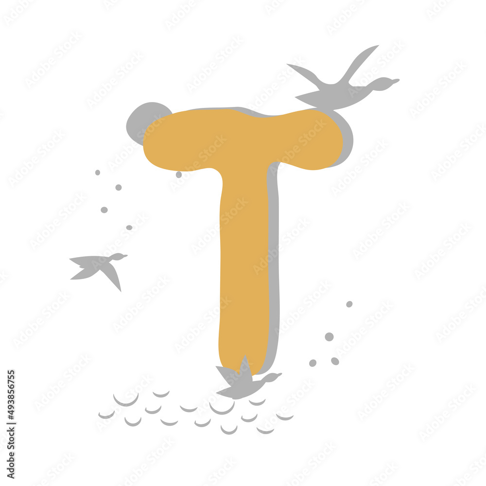 Minimalistic pattern in oriental style in form of letter T. Flock of birds, ducks are flying, sea, moon. Abstract objects, spots, points, shadows. Vector illustration, for logo design, banners. Minimalistic pattern in oriental style in form of letter T. Flock of birds, ducks are flying, sea, moon. Abstract objects, spots, points, shadows. Vector illustration, for logo design, banners.