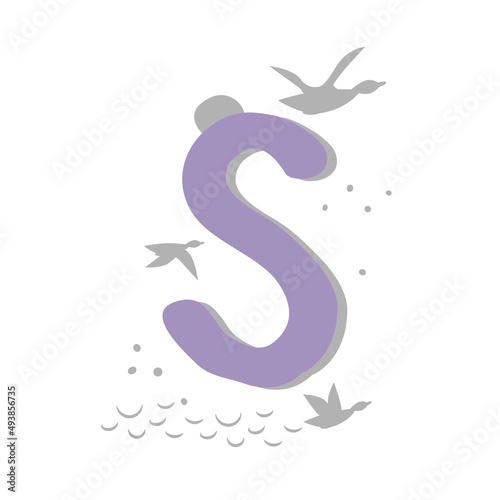 Fototapeta Naklejka Na Ścianę i Meble -  Minimalistic pattern in oriental style in form of letter S. Flock of birds, ducks are flying, sea, moon. Abstract objects, spots, points, shadows. Vector illustration, for logo design, banners.