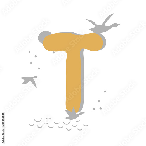 Minimalistic pattern in oriental style in form of letter T. Flock of birds, ducks are flying, sea, moon. Abstract objects, spots, points, shadows. Vector illustration, for logo design, banners.