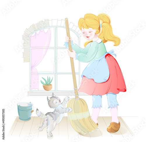 Illustration of cute little hardworking girl sweeping the floor. Kids labor at home. House cleaning work. Picture for children book. Vector cartoon image.