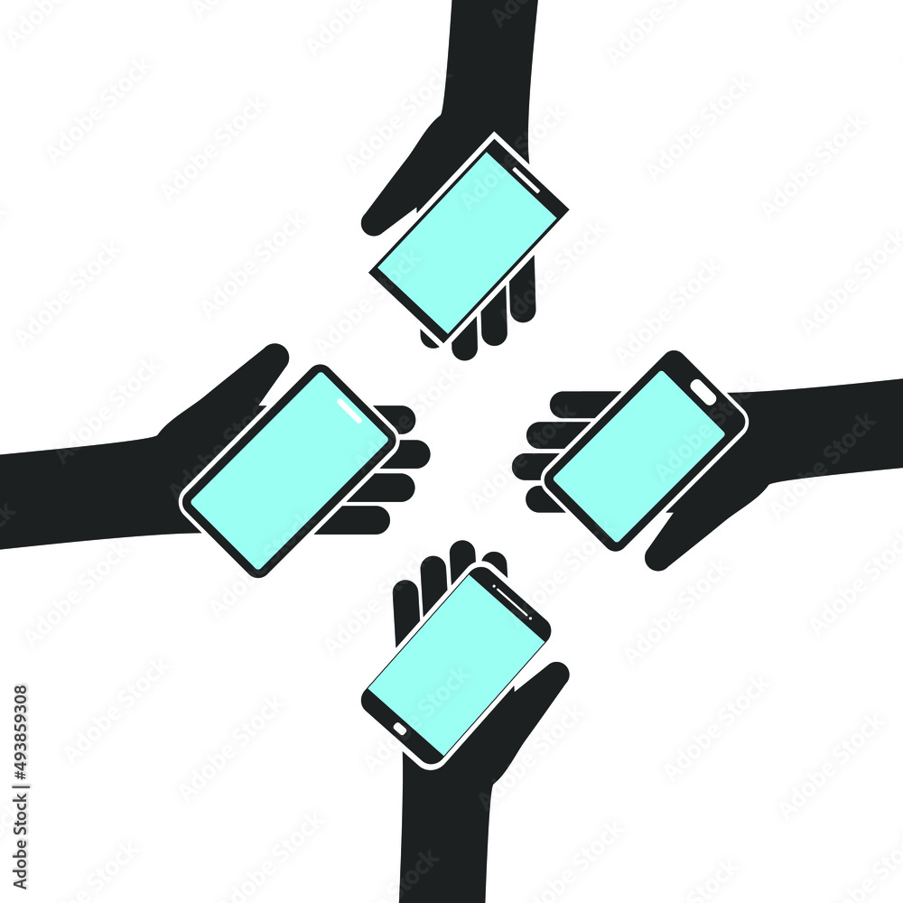 Hands holding phone. Empty screen mock. Social network communication on mobile app. Application on touch screen mobile. Vector flat cartoon design Hands holding phone. Empty screen mock. Social network communication on mobile app. Application on touch screen mobile. Vector flat cartoon design