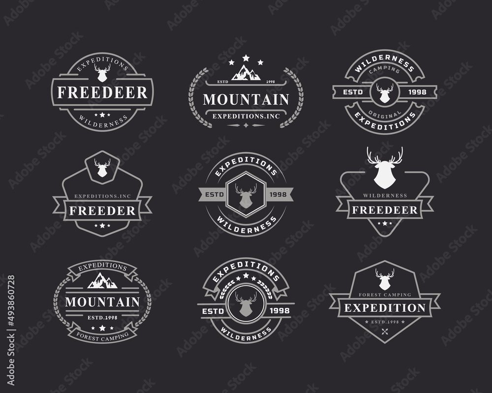 Set of Vintage Retro Badge Camping Logo Design Element and Silhouettes Outdoor Adventure Mountains and Forest Camp Emblem Illustration
