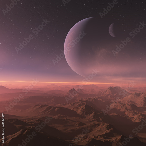 Fototapeta Naklejka Na Ścianę i Meble -  3d rendered Space Art: Alien Planet - A Fantasy Landscape with purple skies and stars