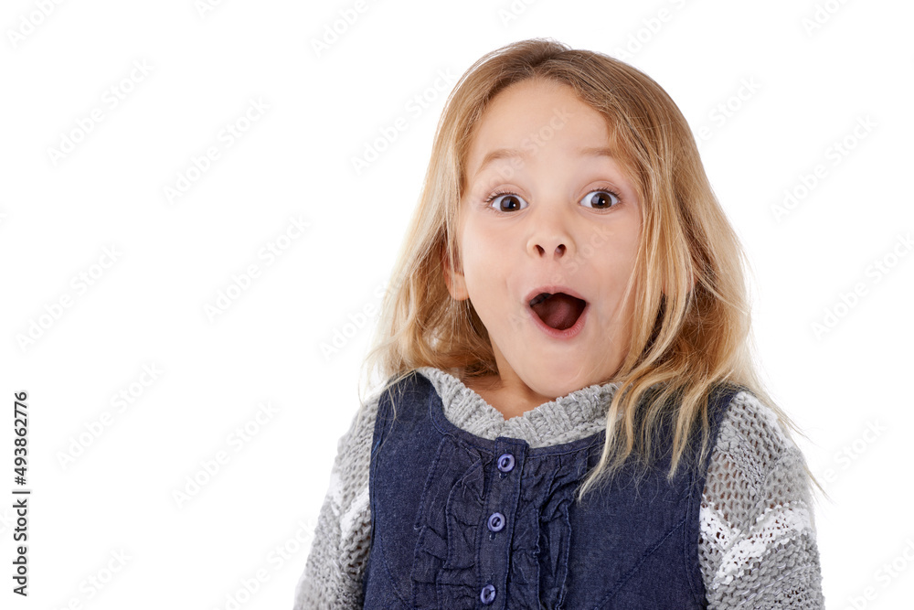 Oh my. Studio portrait of a surprised-looking little girl. Oh my. Studio portrait of a surprised-looking little girl.