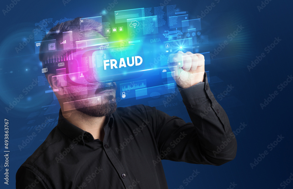 Fototapeta premium Businessman looking through Virtual Reality glasses