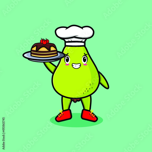 Cute Cartoon chef pear fruit mascot character serving cake on tray cute style design in 3d cartoon style concept