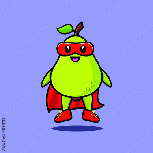 Cute pear fruit superhero character flaying illustration cartoon vector in concept 3d modern style design