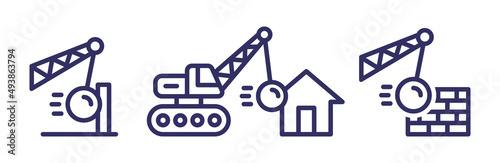 Demolish work icon set. Demolition crane symbol with construction vector illustration.