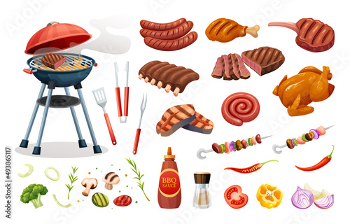 Set of barbecue elements grilled meat and ingredients. BBQ party concept in cartoon style