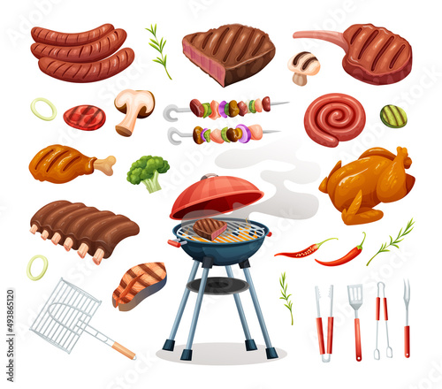 Set of barbecue party elements grilled meat and ingredients. BBQ concept in cartoon style