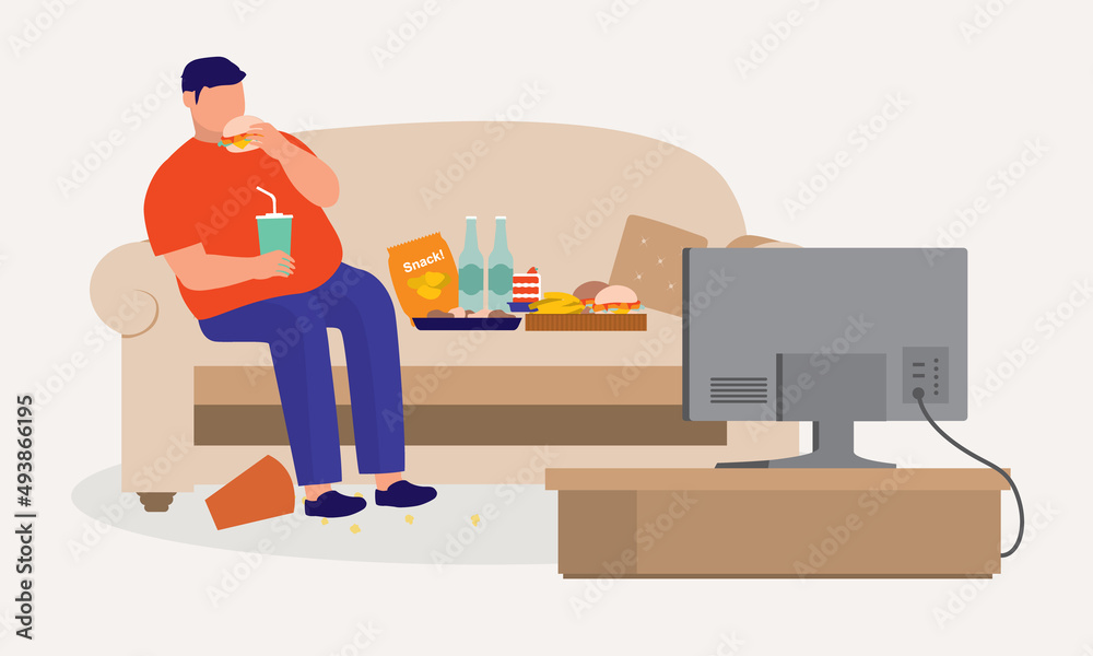 Fat Man Lying On Sofa While Watching TV And Eating Unhealthy Food. Binge Eating. Couch Potato. Fat Man Lying On Sofa While Watching TV And Eating Unhealthy Food. Binge Eating. Couch Potato.