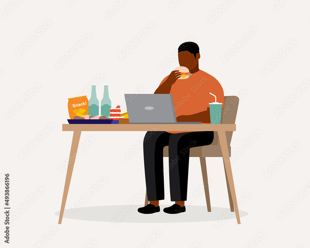 Fat Black Man Eating Unhealthy Food While Working. Fat Black Man Eating Unhealthy Food While Working.