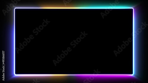 Neon colorful rectangular frame with shining effects on black background with copy space. Empty glowing techno backdrop. Seamless looping. Video animated background.