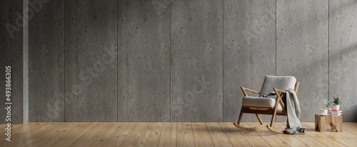 Living room interior room concrete wall mockup has an armchair on empty dark wall background. photo