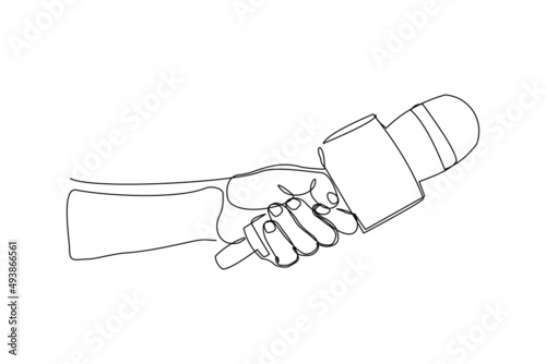 Continuous single one line drawing of hand holding microphone for interview vector illustration