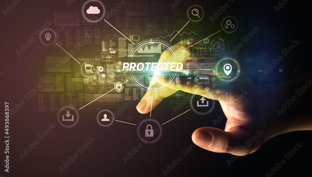 Hand touching cybersecurity button concept Hand touching cybersecurity button concept