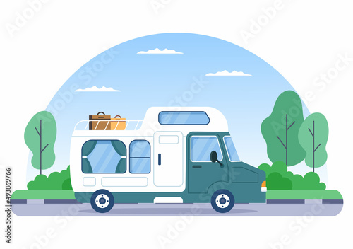 Camping Car Background Illustration with Tent, Camper Car and Equipment for People on Adventure Tours or Holidays in the Forest or Mountains