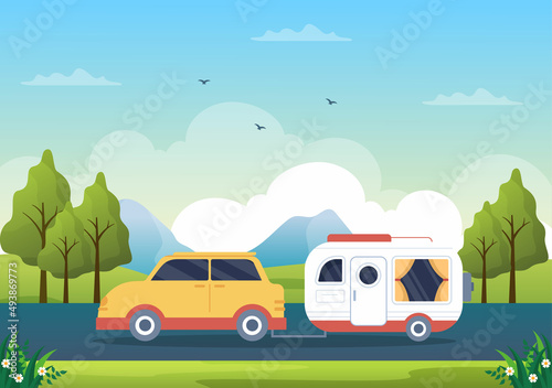 Camping Car Background Illustration with Tent, Camper Car and Equipment for People on Adventure Tours or Holidays in the Forest or Mountains © denayune