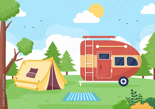 Camping Car Background Illustration with Tent, Camper Car and Equipment for People on Adventure Tours or Holidays in the Forest or Mountains