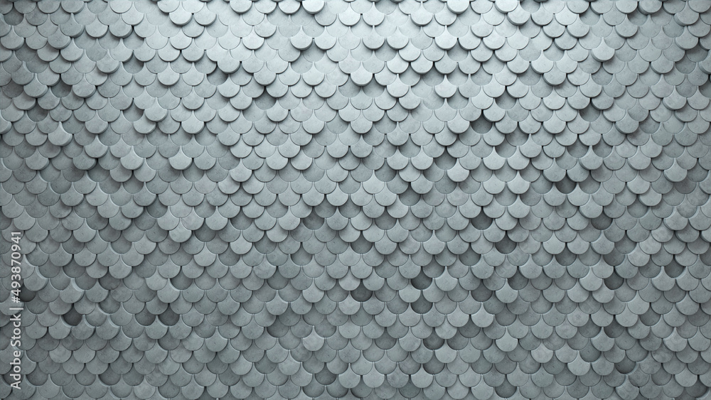 Semigloss, Fish Scale Mosaic Tiles arranged in the shape of a wall. Polished, 3D, Bricks stacked to create a Concrete block background. 3D Render Semigloss, Fish Scale Mosaic Tiles arranged in the shape of a wall. Polished, 3D, Bricks stacked to create a Concrete block background. 3D Render