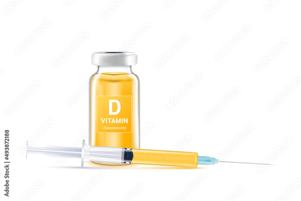 Serum collagen vitamin D inside bottle and syringe. Medicine injection of IV drip vitamins and minerals for health. Medical aesthetic concept. Glass vaccine bottle on white background vector. Stock-vektor | Adobe