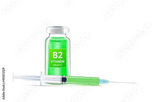 Serum collagen vitamin B2 inside bottle and syringe. Medicine injection of IV drip vitamin and minerals for health. Medical aesthetic concept. Glass vaccine bottle isolated on white background vector.