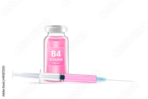 Serum collagen vitamin B4 inside bottle and syringe. Medicine injection of IV drip vitamin and minerals for health. Medical aesthetic concept. Glass vaccine bottle isolated on white background vector.
