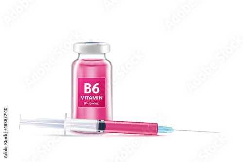 Serum collagen vitamin B6 inside bottle and syringe. Medicine injection of IV drip vitamin and minerals for health. Medical aesthetic concept. Glass vaccine bottle isolated on white background vector.